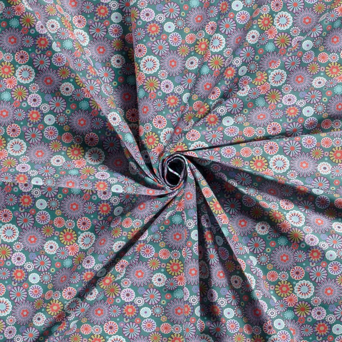 Poplin Katoen Stof Bedrukt - Mille Fleur Bloemen Petrol - 1 Meter