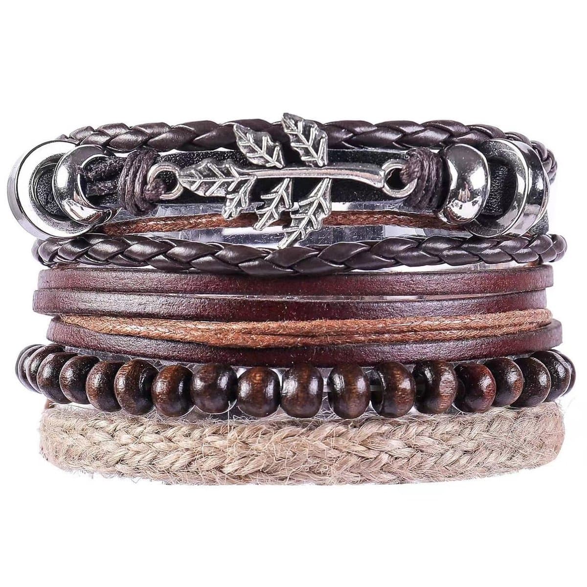 Stoere - heren armband – Set van 4 verschillende bandjes waarvan: Leer, hout kralen, textiel - zelf in grootte instelbaar.