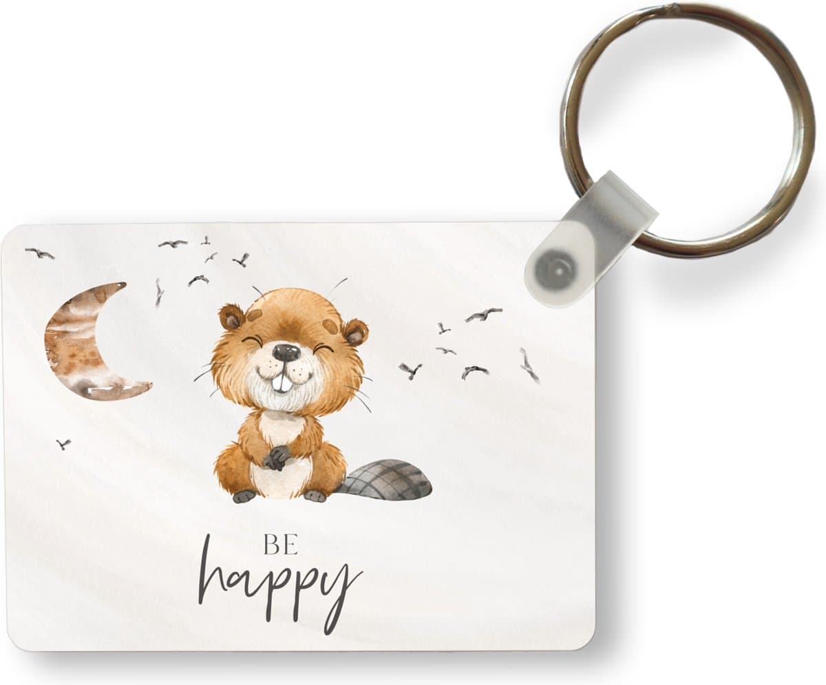 Sleutelhanger - Quotes - Be happy - Kinderen - Maan - Bever - Waterverf - Uitdeelcadeautjes - Plastic