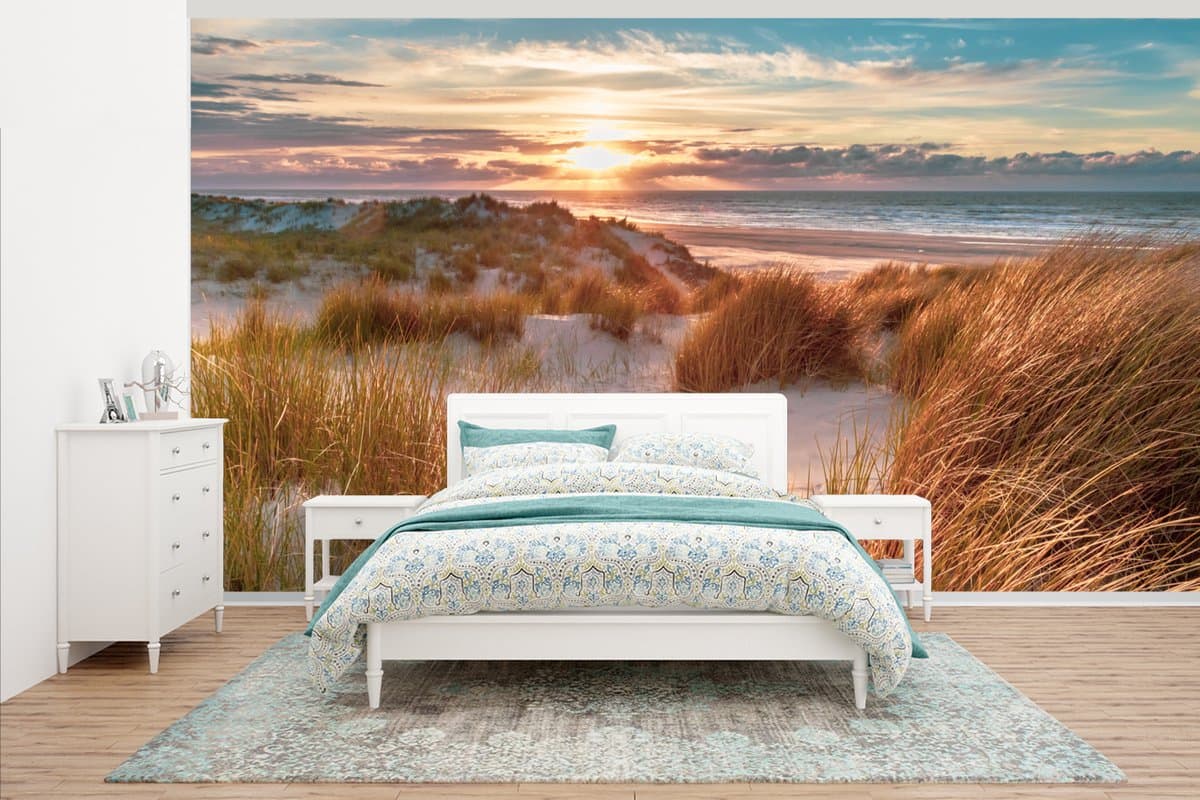 Behang - Fotobehang Duin - Planten - Zonsondergang - Strand - Zee - Breedte 465 cm x hoogte 260 cm