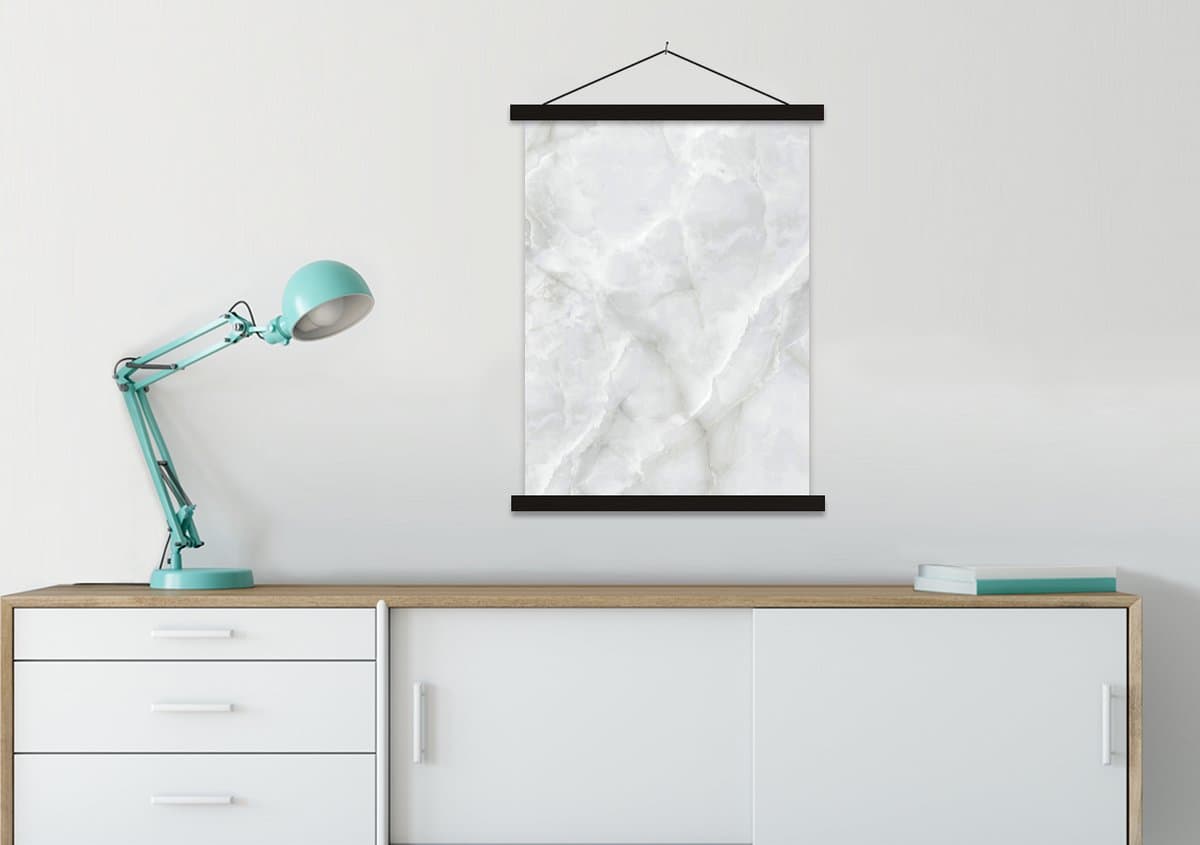 Posterhanger incl. Poster 90x120 cm - Schoolplaat - Marmer - Wit - Patronen - Steen - Marmerlook - Textielposter - Zwarte latten