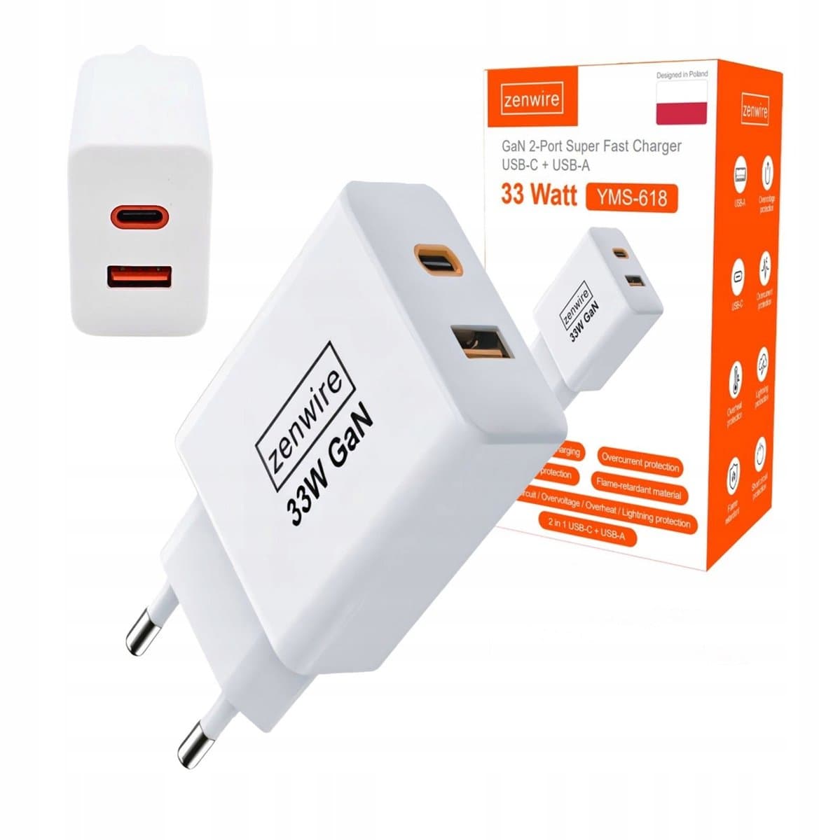 USB C Adapter oplader USB stekker - Zenwire - Super Snel Laden - Snellader - Telefoon oplader - 33W GaN Snellader - Voor Laptop & Smartphone - 1x USB-C & 1x USB-A 3.0 Adapter - GaN Technologie - 3-Poorts GaN - PowerIQ - Wit