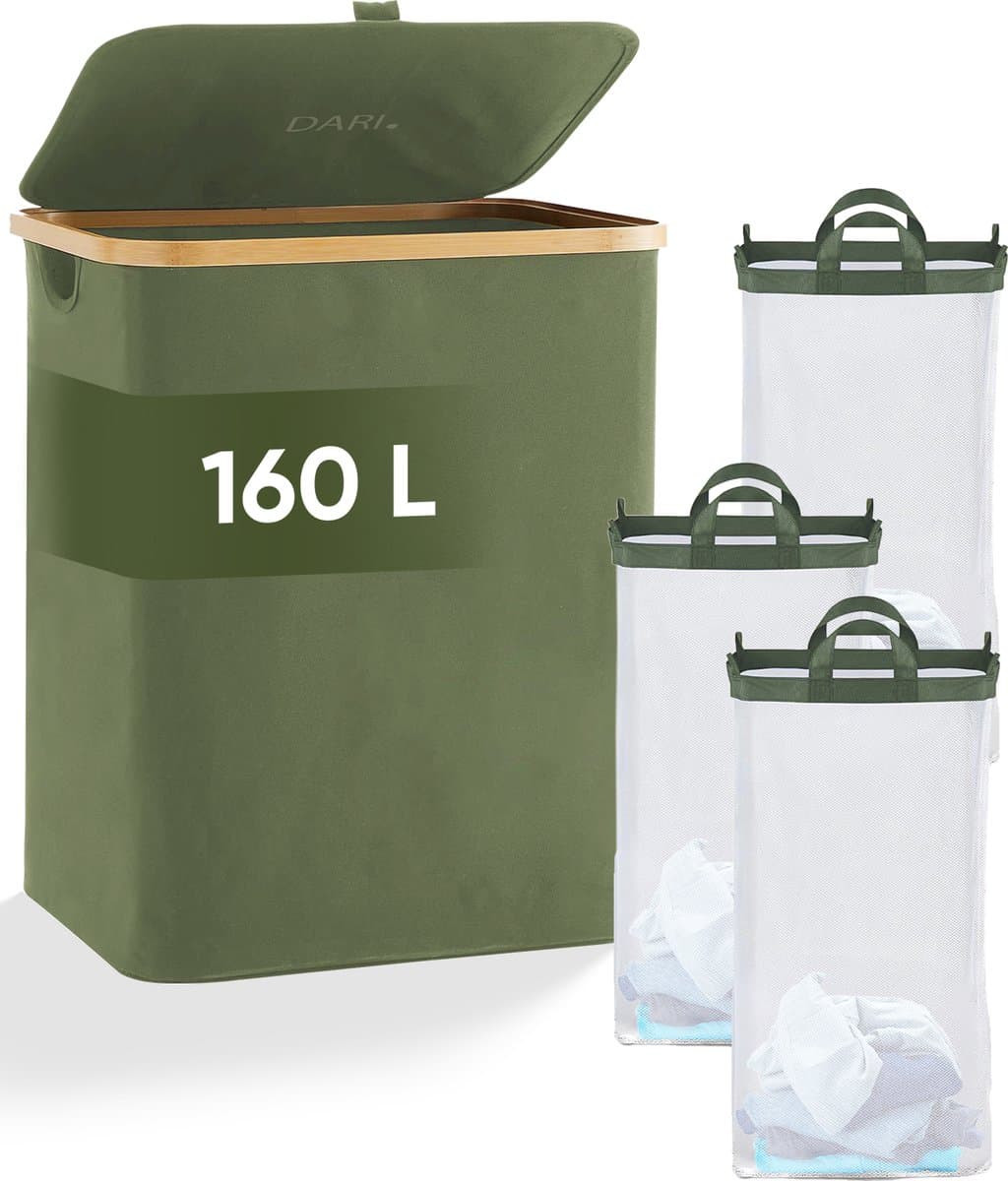 DARI. - Wasmand 3 vakken - Wassorteerder - 160L - met 3 uitneembare zakken - wasmand - groen - knopen