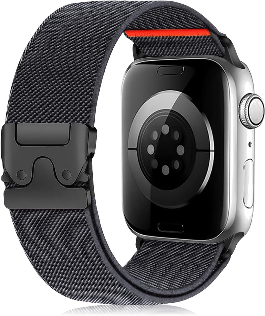 Elastische Sportband voor Apple Watch 42 mm, 41 mm, 40 mm, 38 mm - Gevlochten Parachute Sluiting in Donkergrijs, Geschikt voor Series SE, 10, 9, 8, 7, 6, 5, 4, 3, 2, 1
