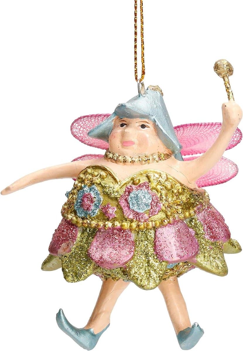 Dikke Elf Hanger - Decoratieve Elf - Kerstboom Versieren - Handbeschilderd Effect - 8 cm Hoog - Lichtgroen-Roze