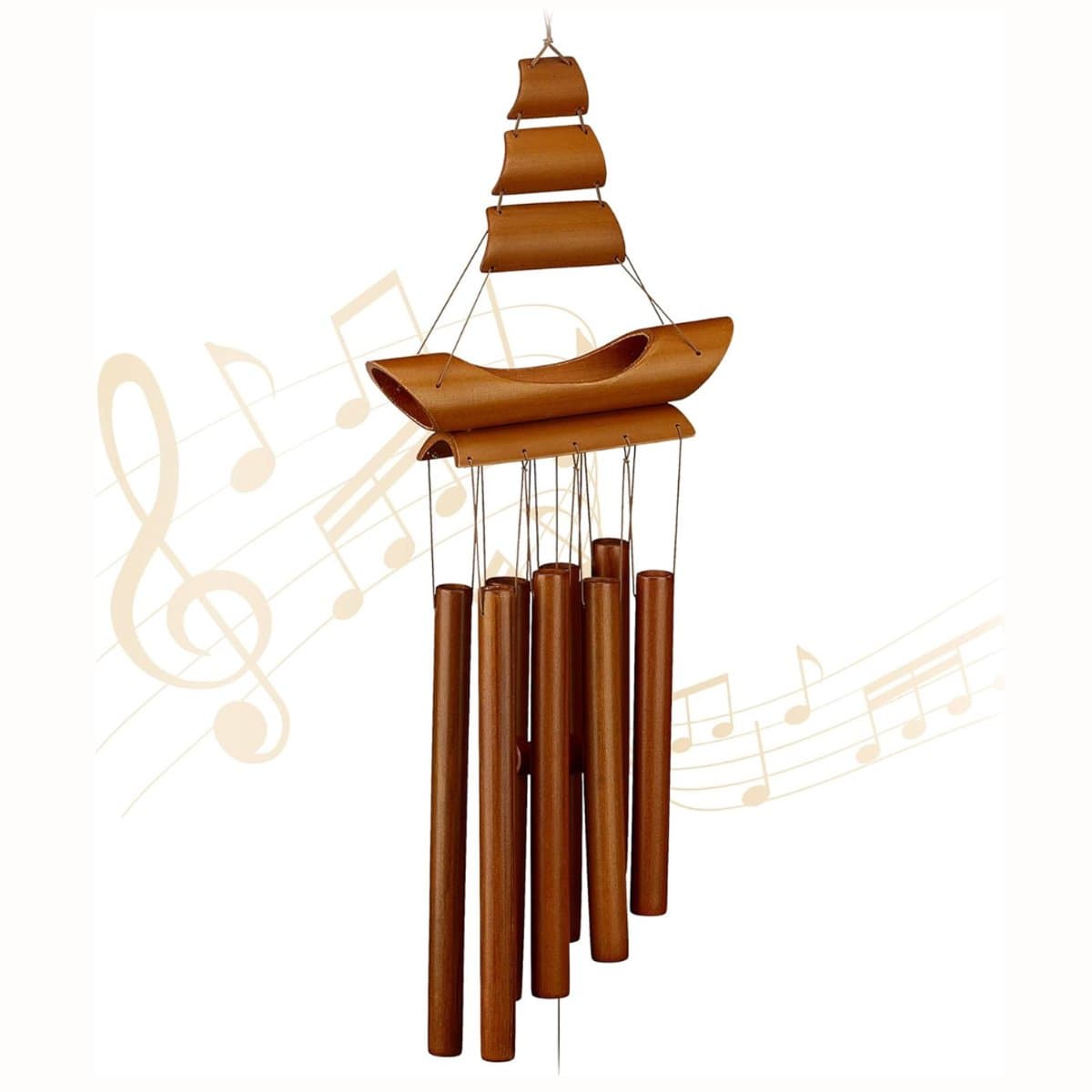Aura® Windgong Bamboe - Windvanger - Windorgel - Zeilbootontwerp - Bruin - 20cm x 6cm x 72cm