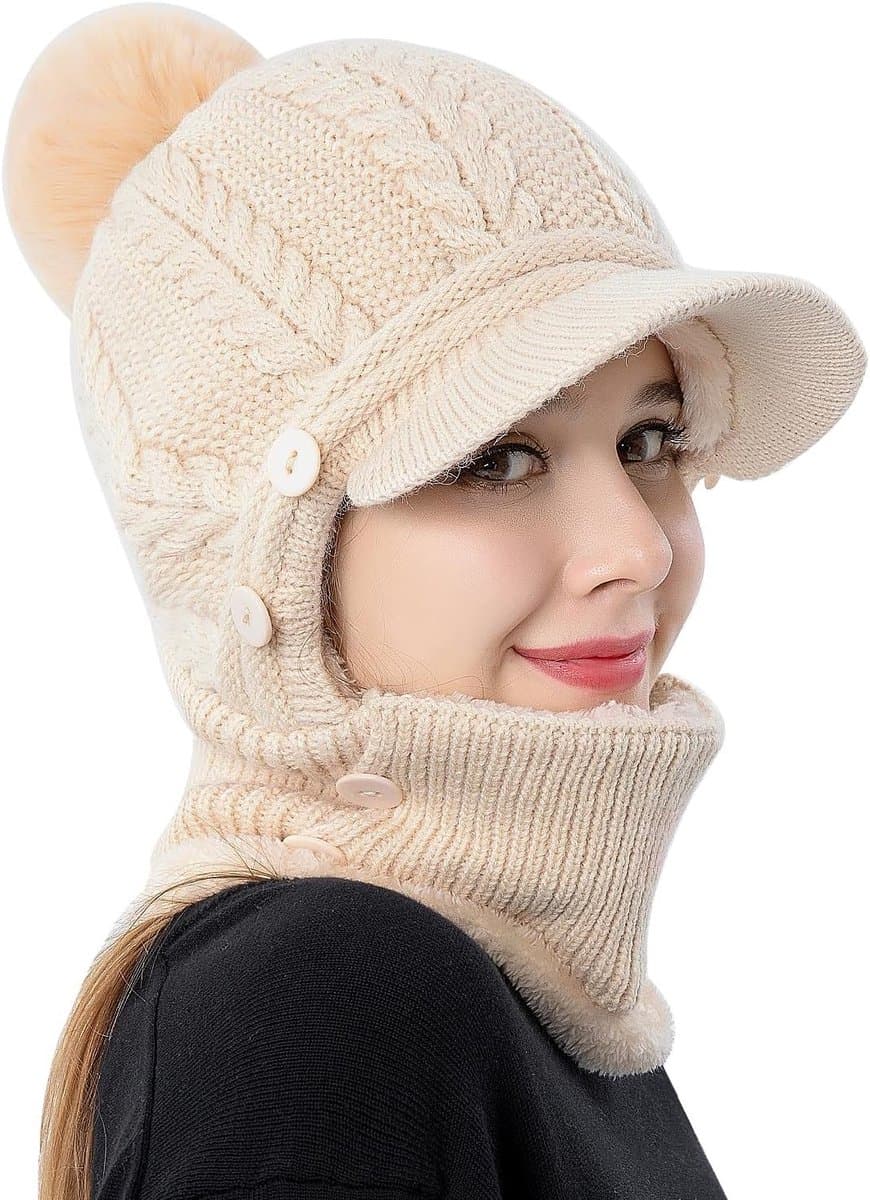 Winterse 2-in-1 Gebreide Muts en Sjaal Set voor Bescherming tegen de Wind, Warme Ski Muts met Pompom en Pluche Voering voor Extra Comfort