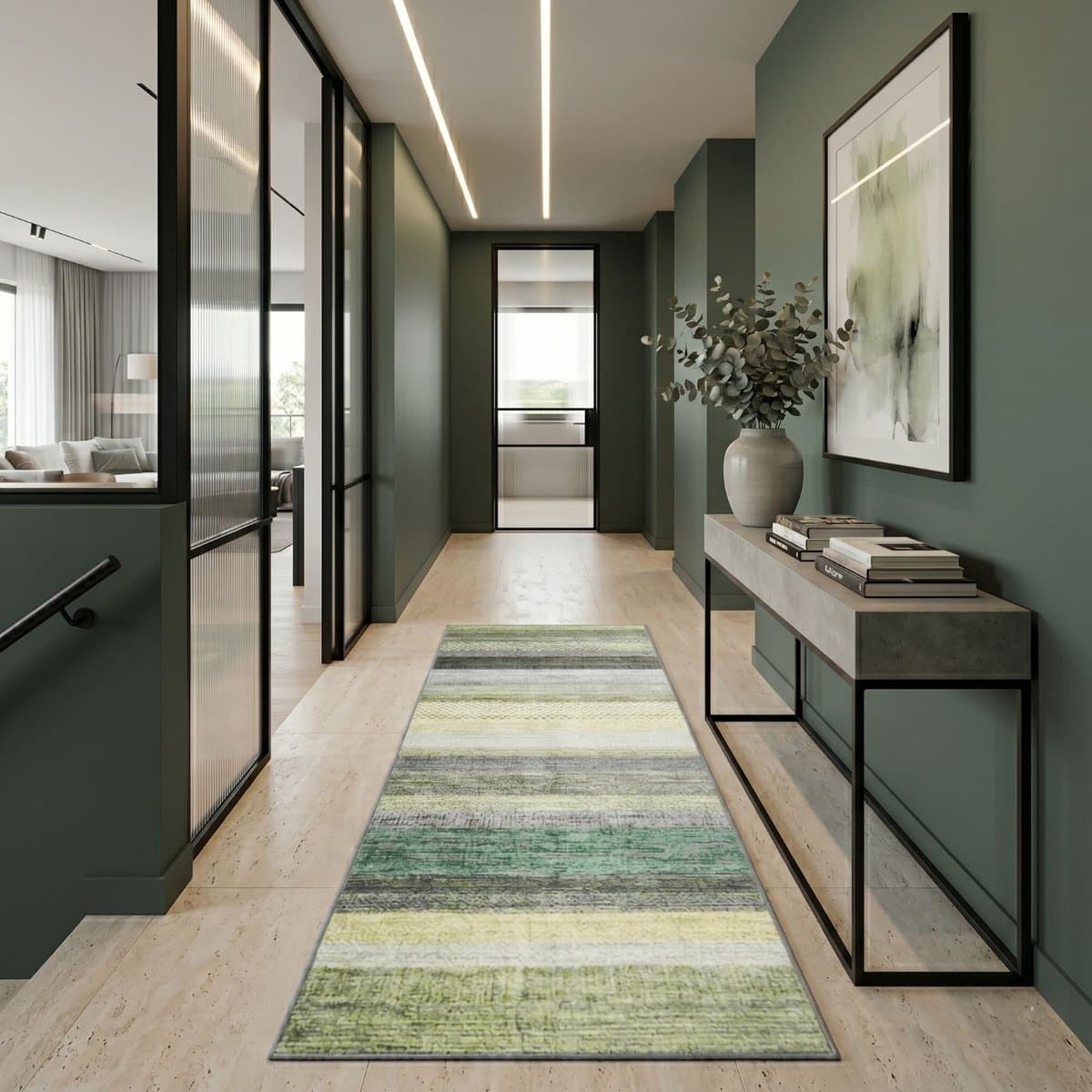 FLOORDIREKT Tapijtloper Op maat Naxos - Antislip, Slijtvast & Onderhoudsvriendelijk - Veel Kleurvarianten - In Moderne Stijl - Groen-Blauw - 80 x 200 cm