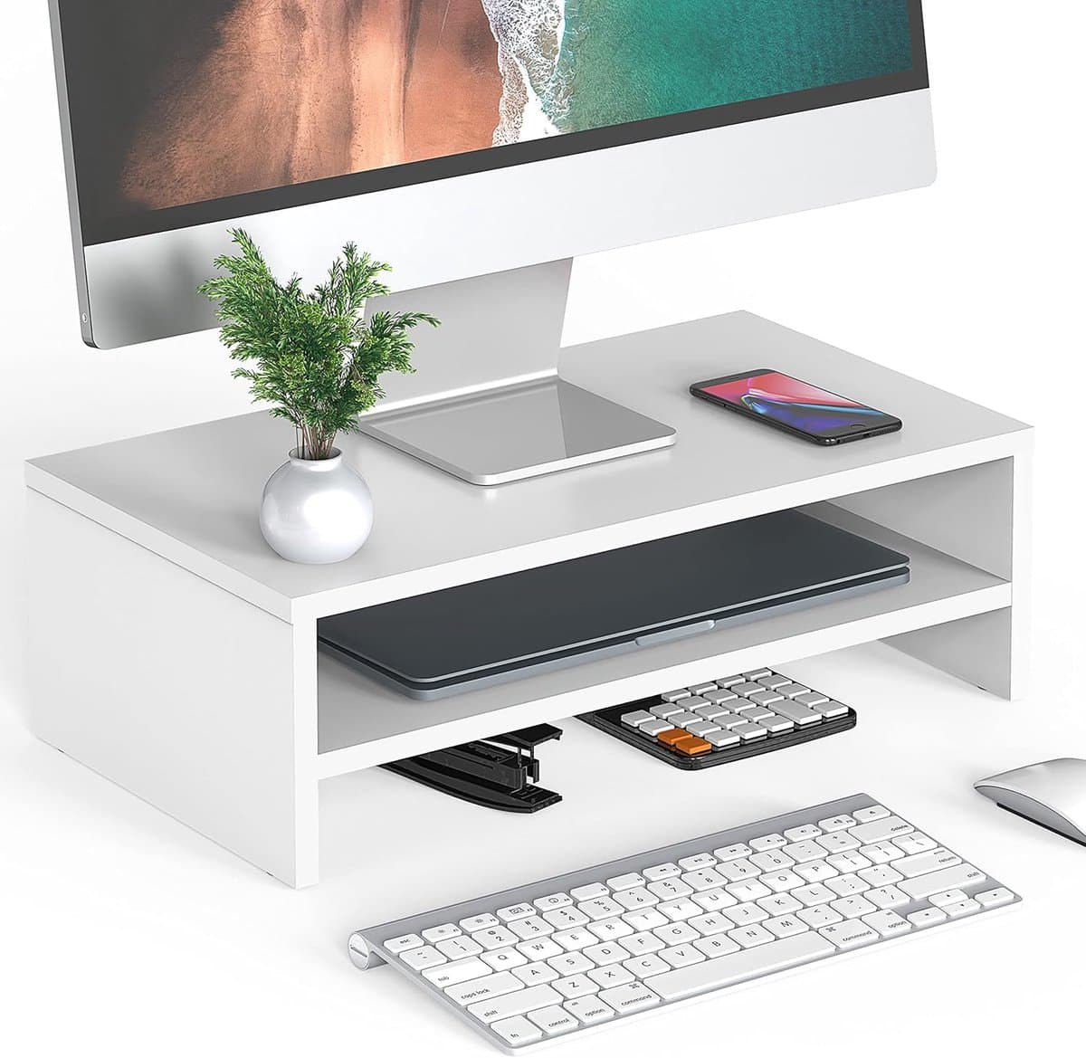 Monitor Verhoger - Bureau Organizer - Ergonomisch Werken - Twee Laags Ontwerp - 42.5 x 23.5 x 14cm - Wit