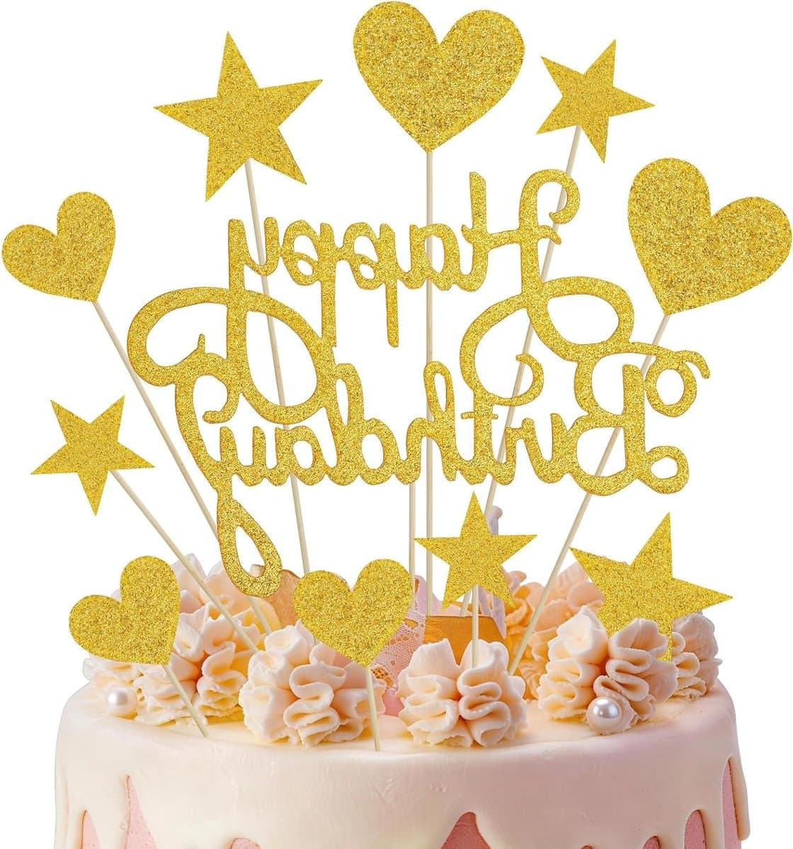 Verjaardagstaartdecoratie met 11 stuks taarttoppers voor een feestelijke verjaardag, jubileum en gouden accenten