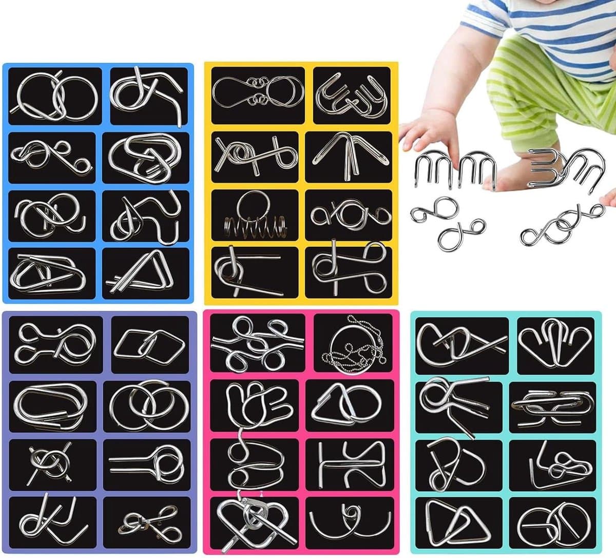 Metalen Puzzels - Hersen Puzzels - Mentale Training - 40 Delig Set - 18 x 14 cm - Zilver