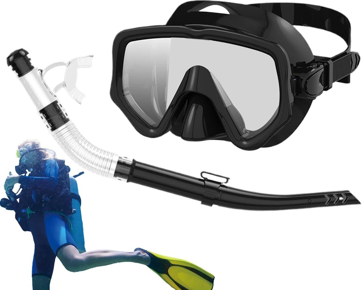 Snorkelset Volwassenen - Duikbril Snorkel - Watersport Strandtrips - Panoramisch Breed Zicht - 17x12x10 CM - Zwart