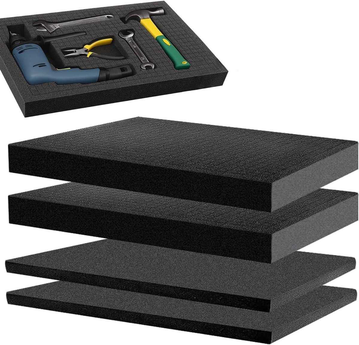 Set van 4 zwarte grid schuimstukken: 2 stuks 405 x 305 x 25 mm en 2 stuks 405 x 305 x 10 mm, ideaal voor bescherming van camera en tablet, perfect voor inlays en gereedschap opslag
