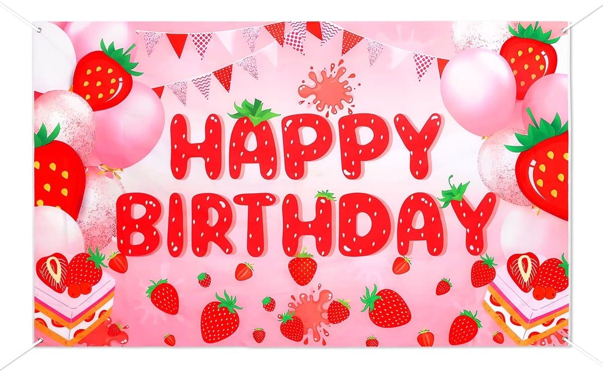 Dailygoody - Aardbeienverjaardagsbanner - Feestdecoratie - 180x110 cm - Happy Birthday Banner - Geschikt voor Binnen en Buiten - Kleurrijk