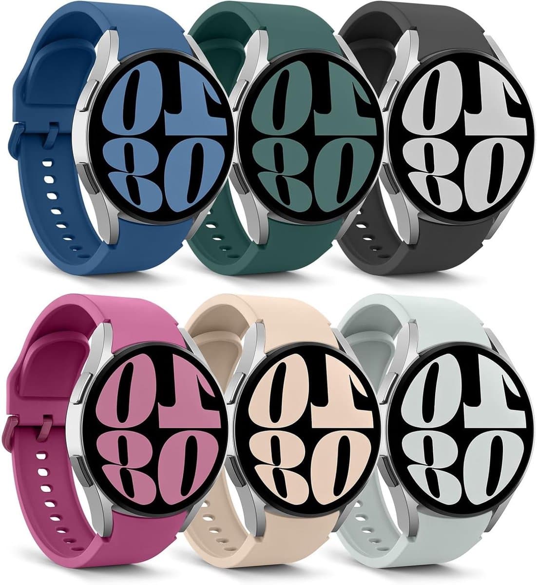 Set van 6 Sportieve Silikonentassen voor Samsung Galaxy Watch 6/5/4 - Multicolor Vervangbanden, Verstelbaar en Duurzaam, Ideaal voor Sport en Dagelijks Gebruik