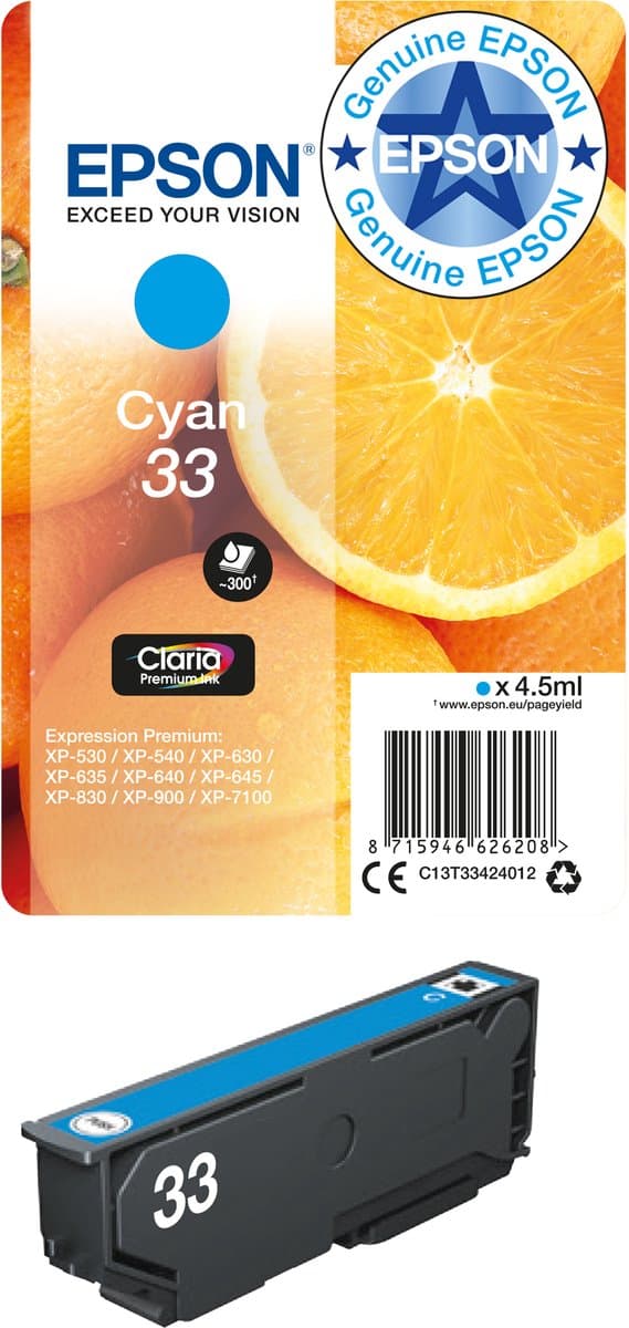 Epson Oranges Claria Premium inkt, cyaan, enkelverpakking 33