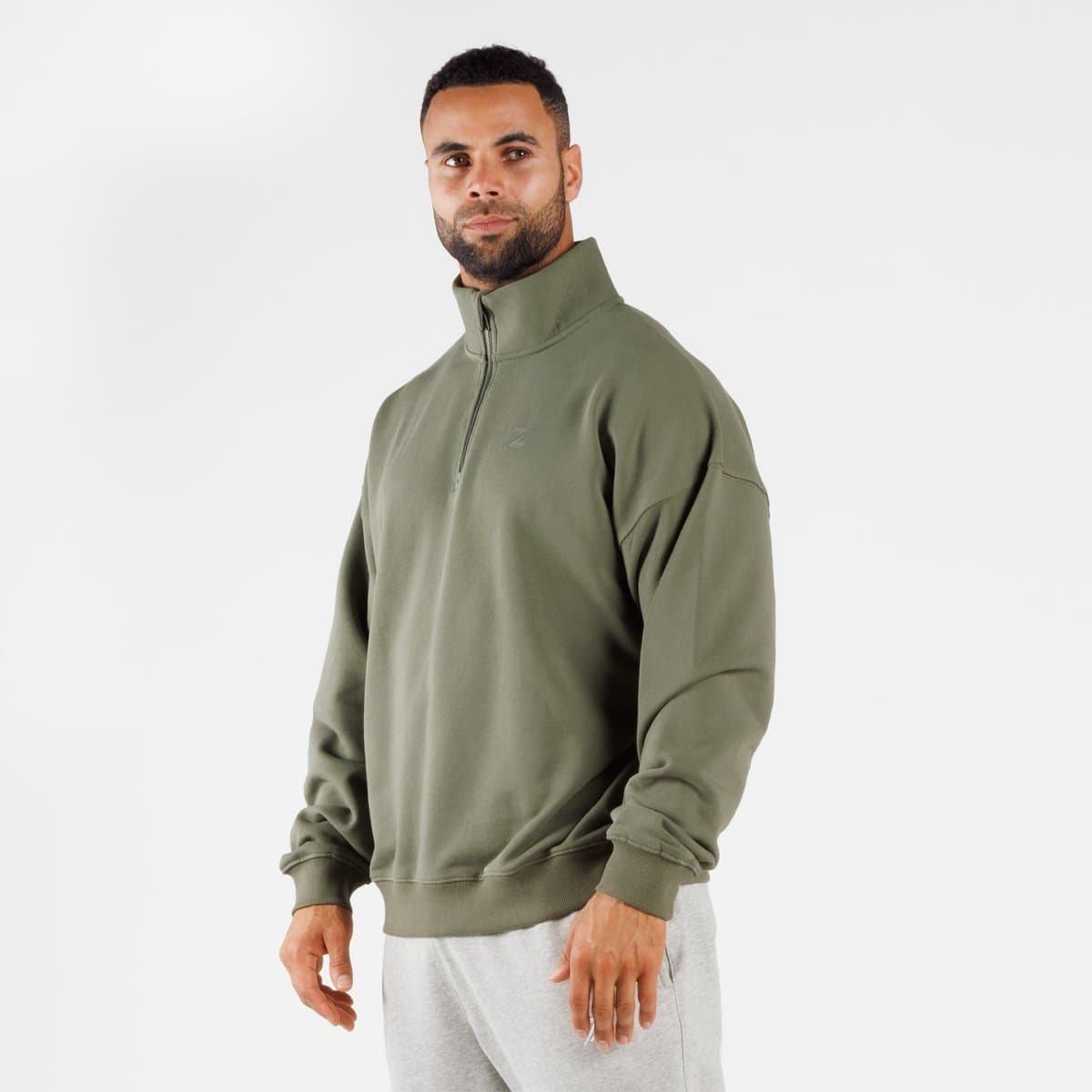 ZEUZ Heren Oversized Sweater 1/4 Zip – Comfort Hoodie zonder Capuchon - Legergroen - L