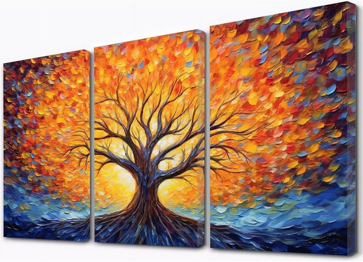 Levensboom Muurdecoratie - Canvas Kunst Woondecoratie - Wandversiering Huis - Getextureerd Abstract Ontwerp - 40x60 cm - Oranje Zwart