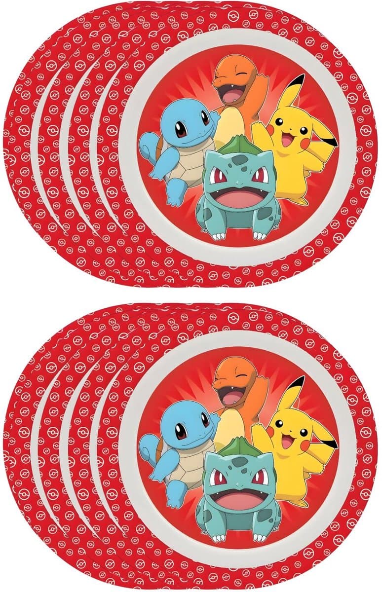 Pokémon thema ontbijt bordje - 8x - rood - D21 cm - kunststof - ontbijtbord - kinderbord