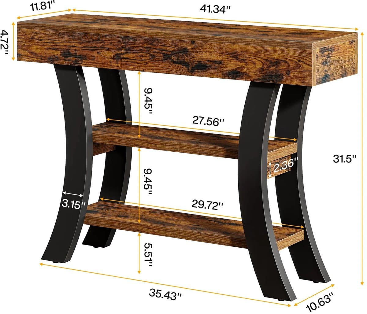 JAQZY Sidetable - Wandtafel - Consoletafel - Haltafel - 3 Laags - Compact - Verstelbare Voetdoppen - 105 x 30 x 80 cm - Bruin