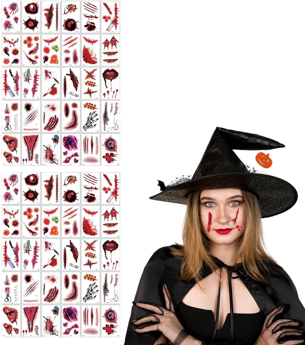 Dailygoods- Wond Tattoo Realistisch Effect - Tatoeages Tijdelijk - Halloween Tattoo Littekens - Waterbestendig - Eenvoudig Aan Te Brengen - 3D-Stickers met Nepbloed - Tatoeage