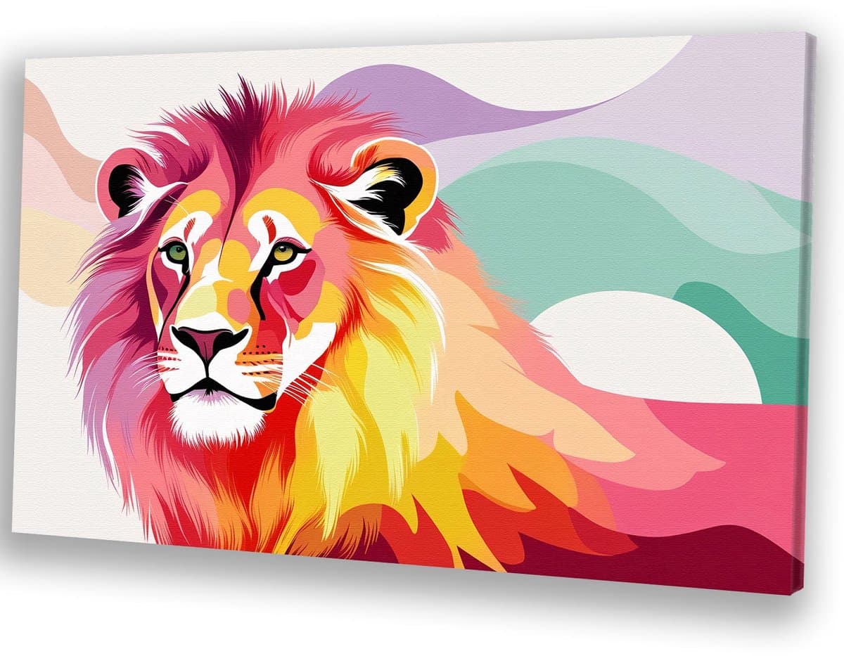 Kleurrijke digitale leeuw kunst - Leeuw schilderij op canvas - Muurdecoratie canvas dier - Digital Art - Landelijk schilderij - Kunstwerk - canvas 100x75 cm