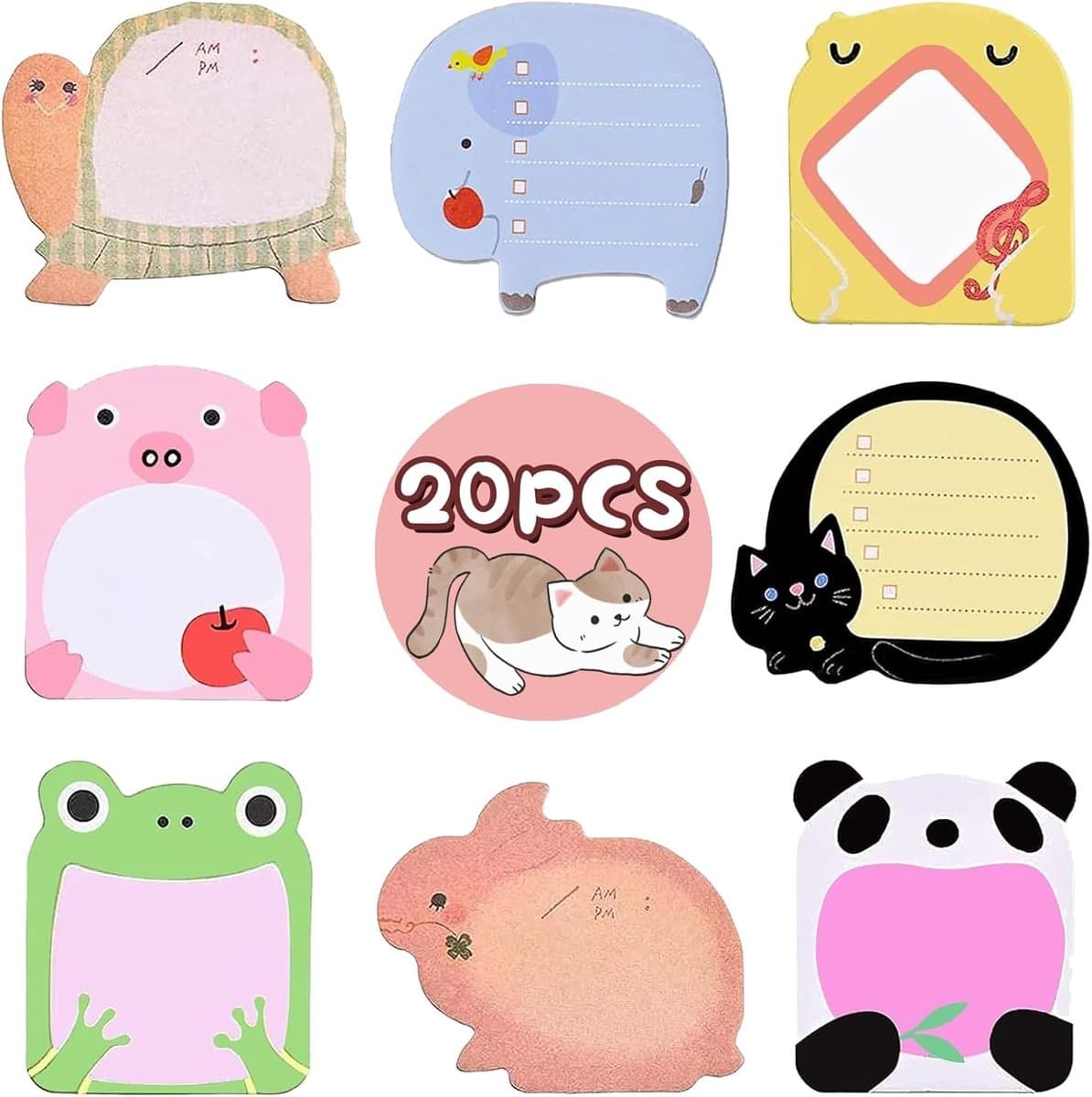 Set van 20 schattige plaknotities, cartoon dier plaknotities, 8 stijlen dieren, koelkast-plaknotities, kleine plaknotities, feesttasvulling voor school, kantoor, studentenklasgeschenken