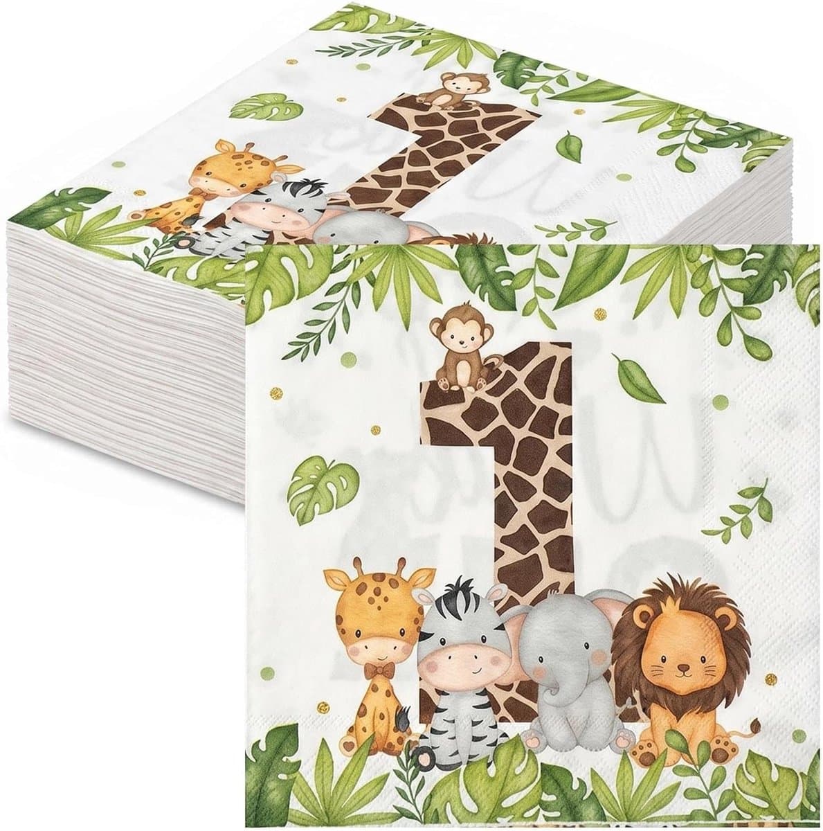 40 Stuks Servetten 1e Verjaardag met Jungle Decoratie, Safari Motieven voor Jongens, Feestartikelen voor Wild One Party