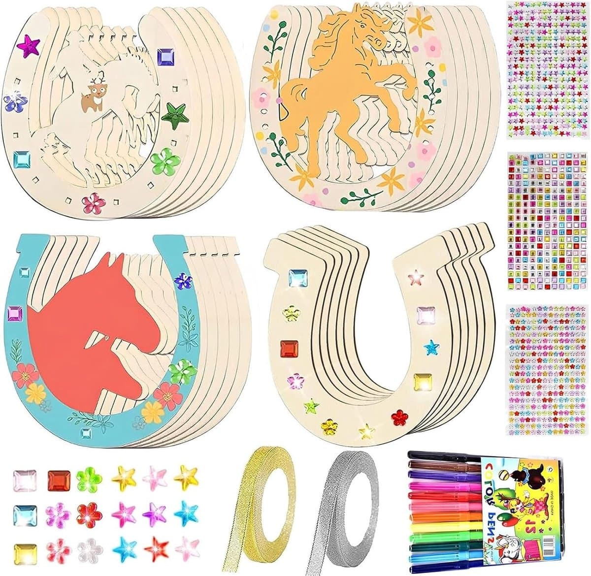 Houten Paardenhoeven Set van 24 Stuks voor Kinderfeestjes met Waterverf Pens, Glitter Ribbons en Sequins voor Creatieve Decoratie en Activiteiten