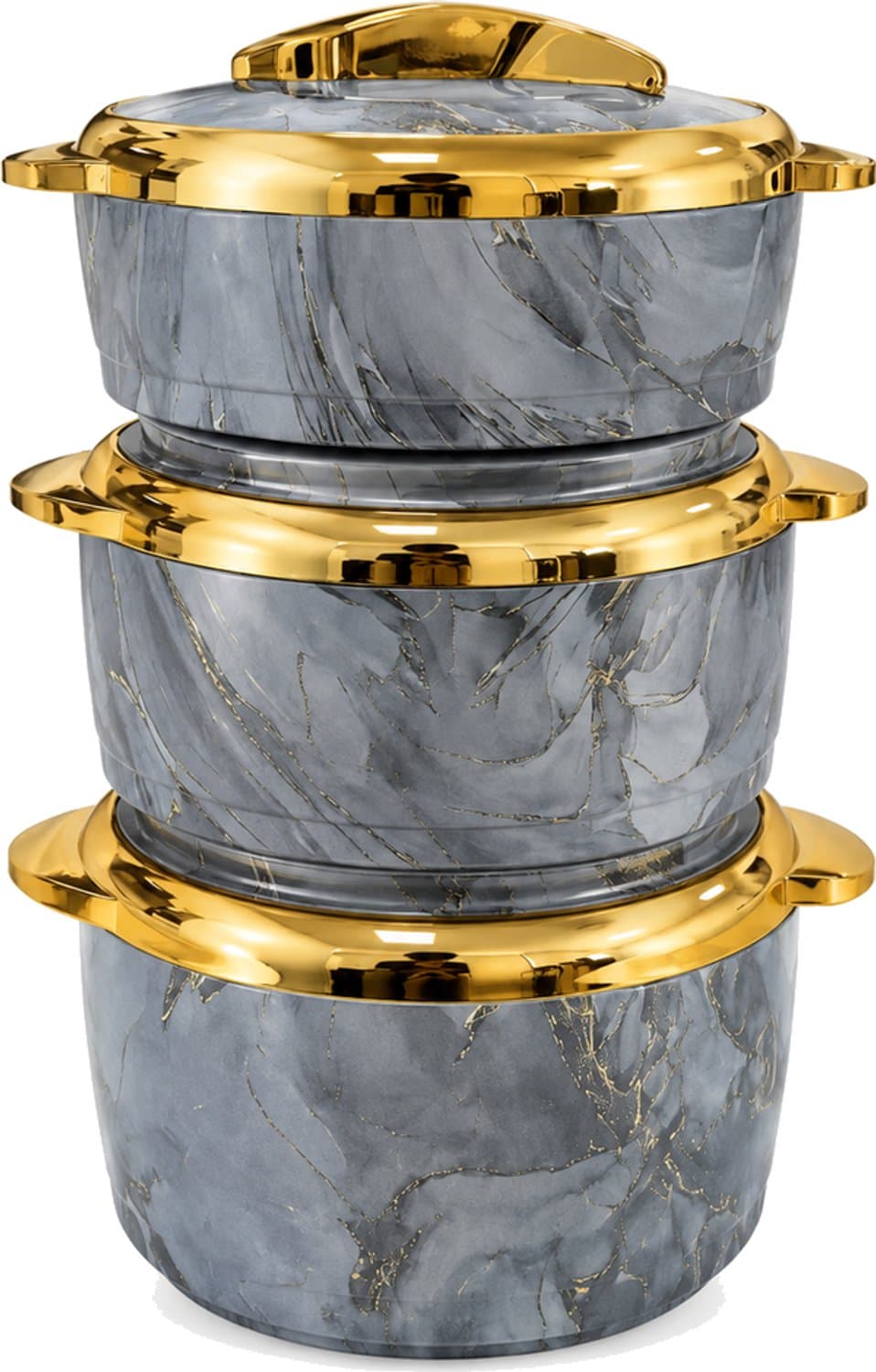 Broodtrommelset met drie ronde maaltijdcontainers met deksel, 1,5 l, 2 l en 2,5 l, grijze marmerlook met goudkleurige details