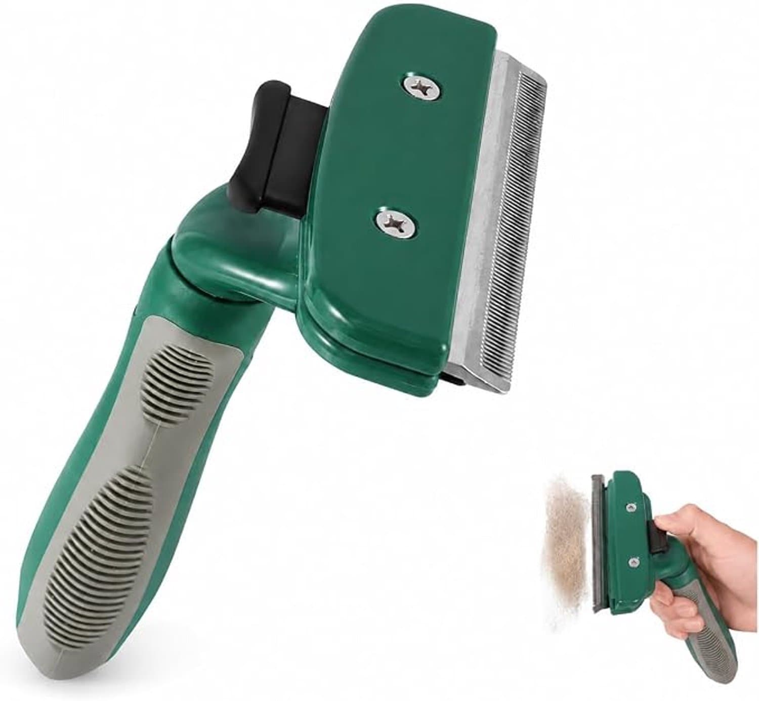 Ondervachtkam voor honden en katten, voor het verwijderen van losse vacht en onderwol, hondenborstel, kattenborstel met zelfreinigende knop (olijfgroen, L)