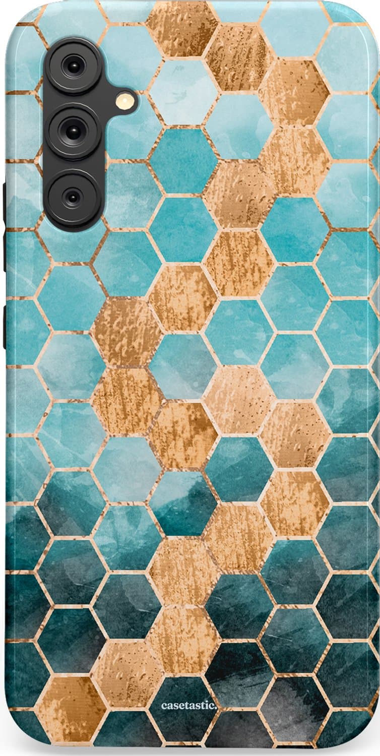 Casetastic hoesje geschikt voor Samsung Galaxy A15 5G / Samsung Galaxy A15 4G - Dubbellaagse bescherming - Honeycomb Naval Art - Fashion Case - Turquoise Goud