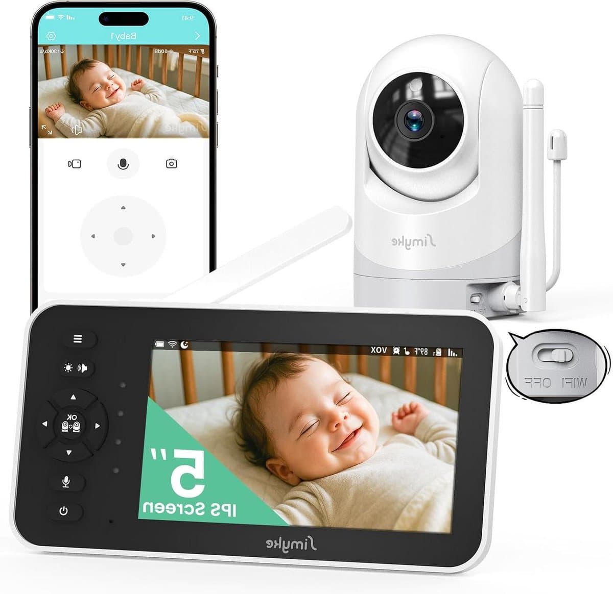 Video Babyfoon - Kind Monitor - Kind Bewaken - 1080P HD Camera - 5 Inch Scherm - Wit