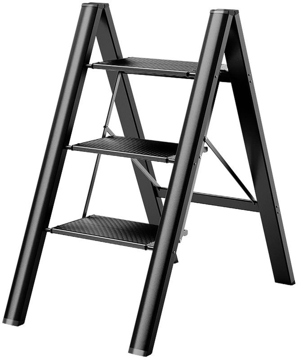 3 treden huishoudtrap - Zwarte aluminium trap - Opvouwbare keukentrap - 150 kg