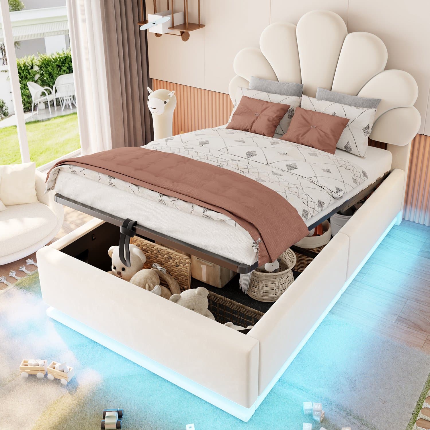 90x200 cm gestoffeerd bed - bloemenvormig hoofdeinde - met opbergruimte - LED-verlichting - beige - zonder matras