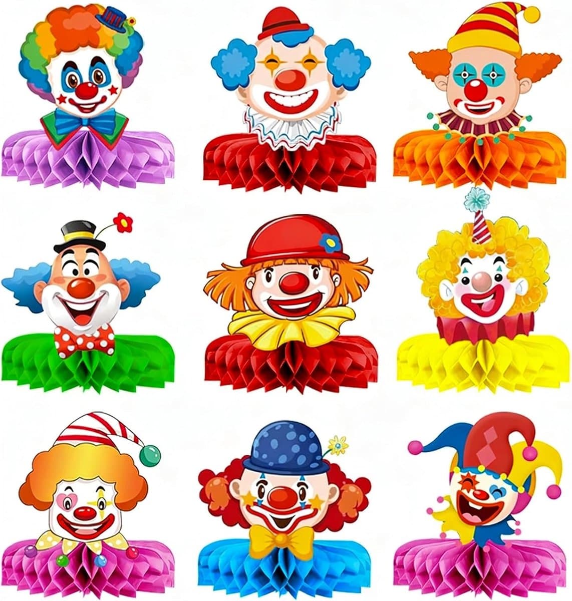 9 stuks clown-tafeldecoratie, carnaval, 3D-circus, tafeldecoratie, carnaval, clowns, honingraatballen, carnavalsdecoratie, feest