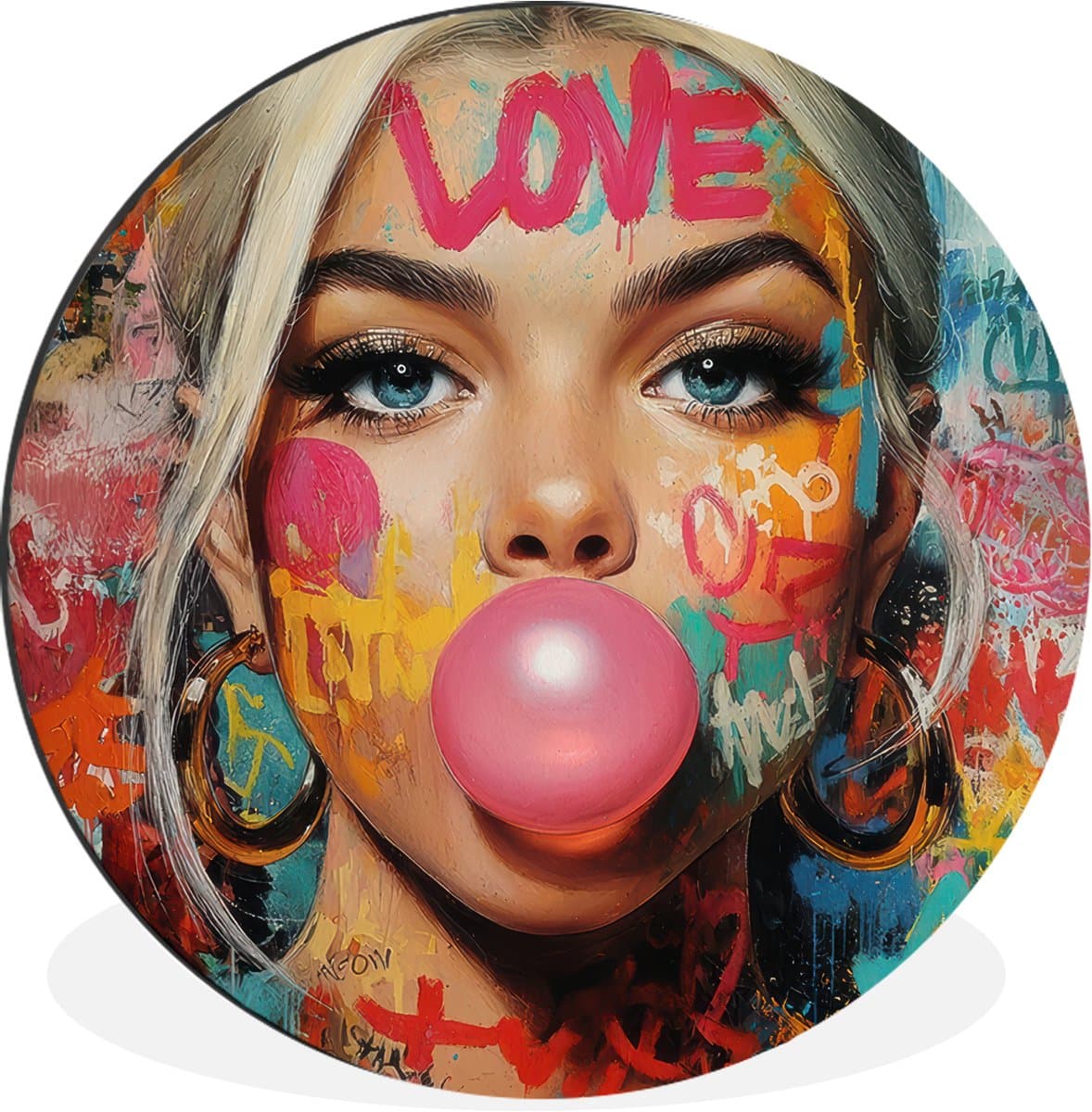 WallCircle - Wandcirkel - Muurcirkel - Vrouw - Kauwgom - Graffiti - Love - Aluminium - Dibond - 60x60 cm - Binnen en Buiten