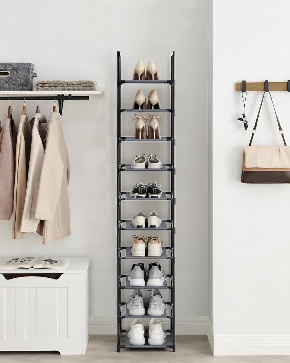Conway Living® - Schoenenrek - Schoenenbank 10 niveaus - Open Schoenenkast - Opbergkast van Schoenen Industrieel - Smal en Hoog - 33 x 33 x 173 cm - Metalen Zwart - Frame Grijs