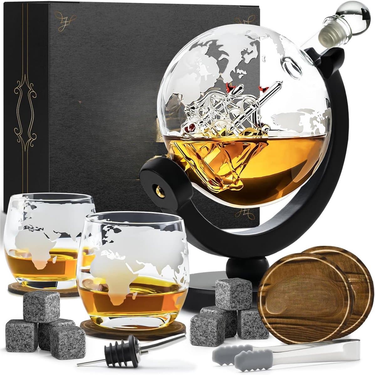 Wereldbol Whisky Karaf Set 900ML– Luxe Decanteerkaraf Met 2 Glazen 285ML- 4 Whiskey Stones & Accessoires – Stijlvol Cadeau Voor Mannen