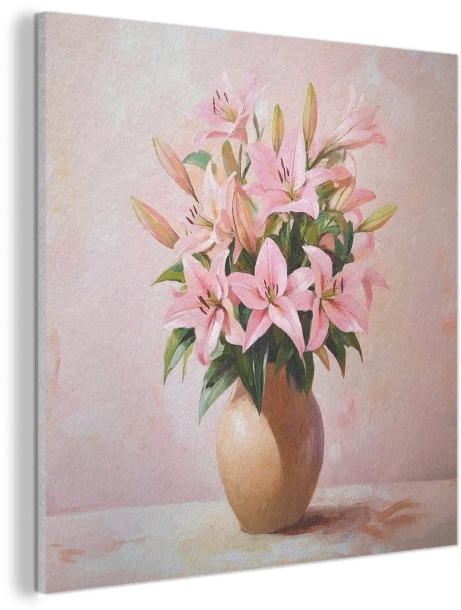 Akoestisch wandpaneel 80x80 cm - Vilt schilderij Vaas - Bloemen - Roze - Akoestische panelen - Geluidsdempende wanddecoratie - Geluidsisolatie woonkamer - Muurdecoratie geluidspanelen