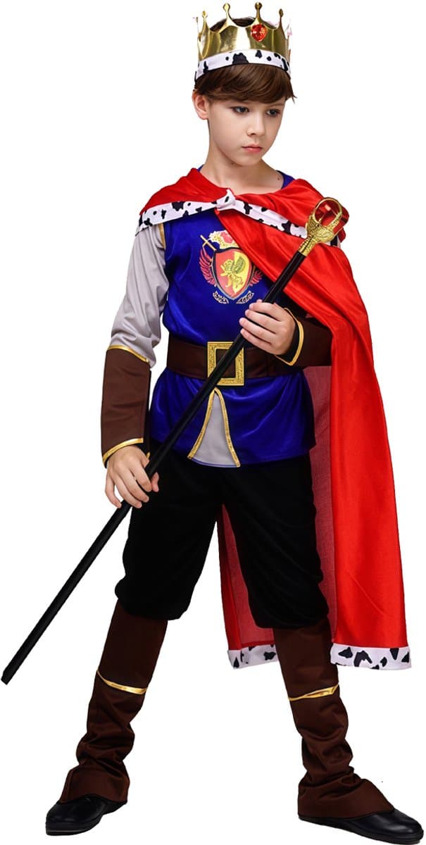Kostuum Ridder met Kroon en Cape – 10-12 Jaar – Inclusief Shirt, Broek, Cape, Kroon, Riem en Laarzenhoezen – Carnaval & Verkleedkleding