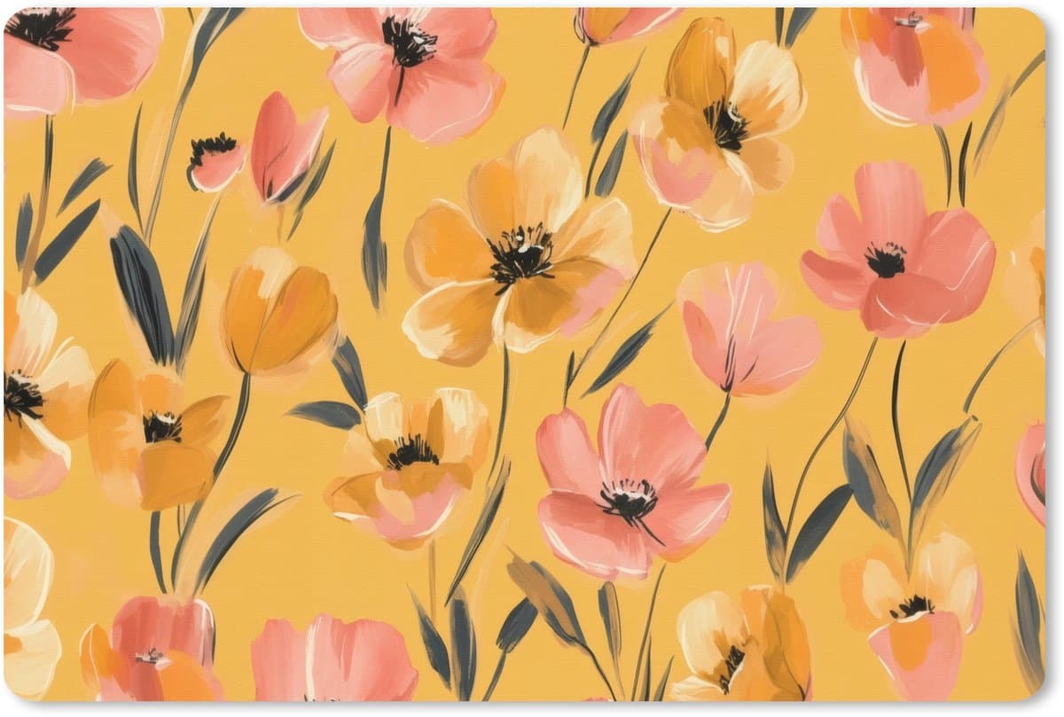 Muismat XXL 90x60 cm - Bureau onderlegger - Bureau mat Bloemen - Geschilderd - Geel - Bureaumat - Gaming mousepad xl - Bureaulegger groot - Computer deskmat