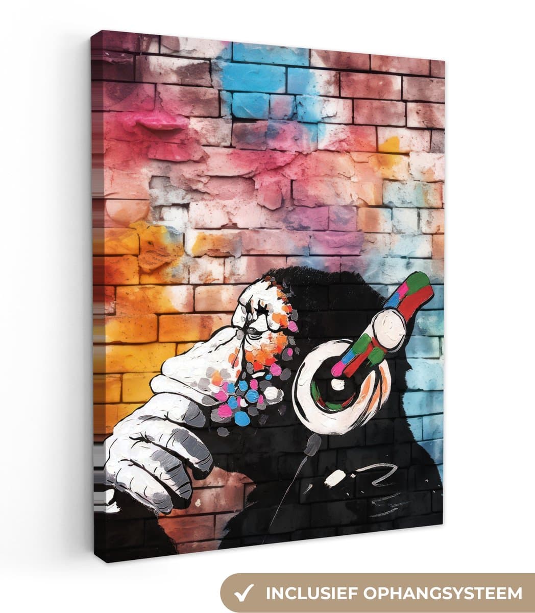 Canvas Schilderij 90x120 cm - Graffiti - Aap - Kleurrijk - Koptelefoon - Art - Dier - Wanddecoratie slaapkamer - Muurdecoratie woonkamer - Interieur decoratie - Schilderijen