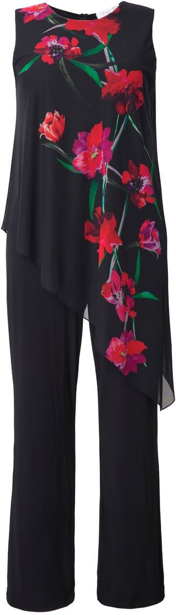 MIAMODA - Dames - Jumpsuit mouwloos mesh top met bloemen - Zwart - Maat 44
