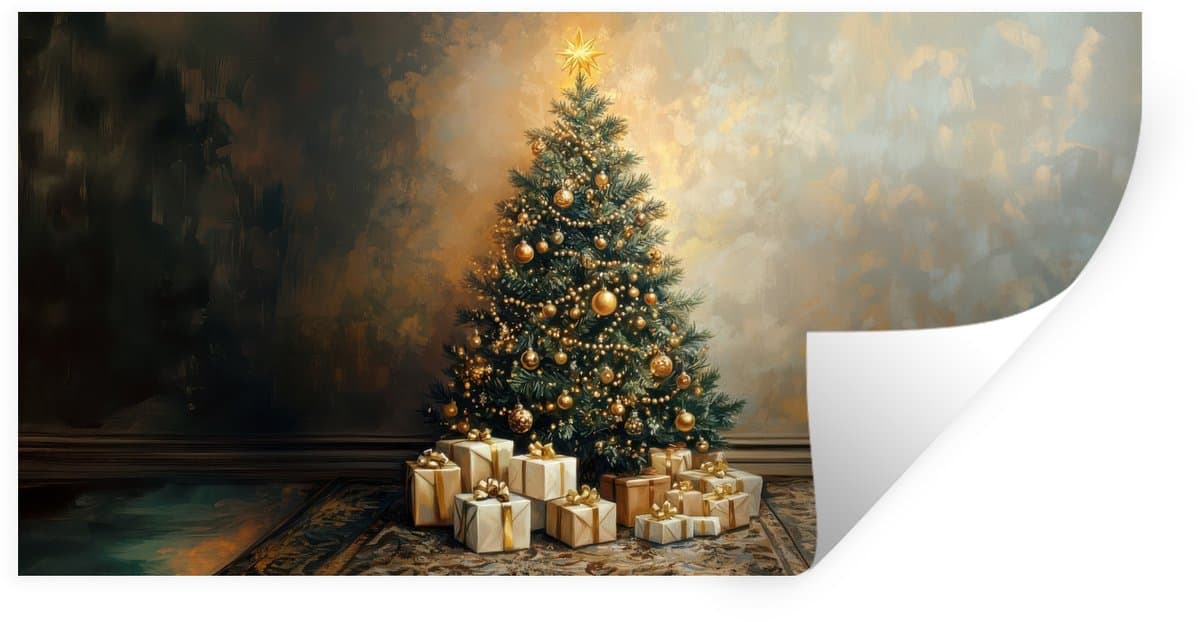 Muurstickers - Sticker Folie - Kerstboom - Cadeaus - Goud - 40x20 cm - Plakfolie - Muurstickers Kinderkamer - Zelfklevend Behang - Zelfklevend behangpapier - Stickerfolie