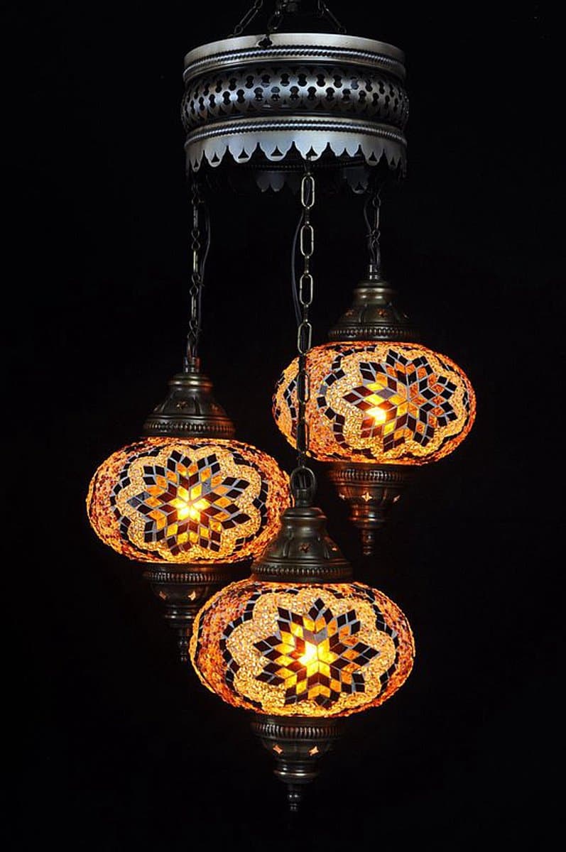 Turkse hanglamp mozaïek glas bruin - hanglamp 3 bollen - hoogte 80 cm - handgemaakt en uniek