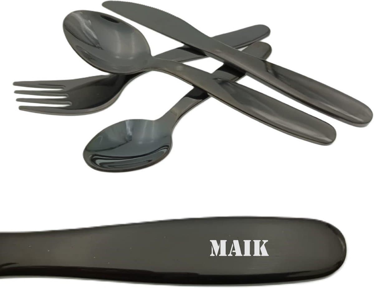 Kinderbestek Met Stoere Naam Gravering - Maik - Zwart