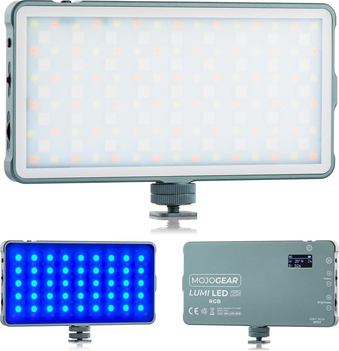 MOJOGEAR Lumi RGB LED-lamp 12W Medium - Stevig metaal - 4000 mAh batterij - Kleur en wit/geel licht - Krachtige lamp voor camera / studio / video - Grijs