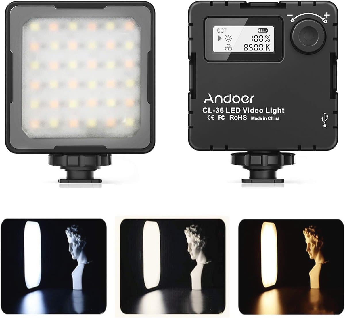 CL-36 LED-videolamp, Andoer cameralamp, oplaadbaar met 2000mAh batterij, 2800K-8500K dimbare draagbare lichtfotografie met 3 koude schoenen LCD-display voor het filmen van Youtube DSLR camcorder
