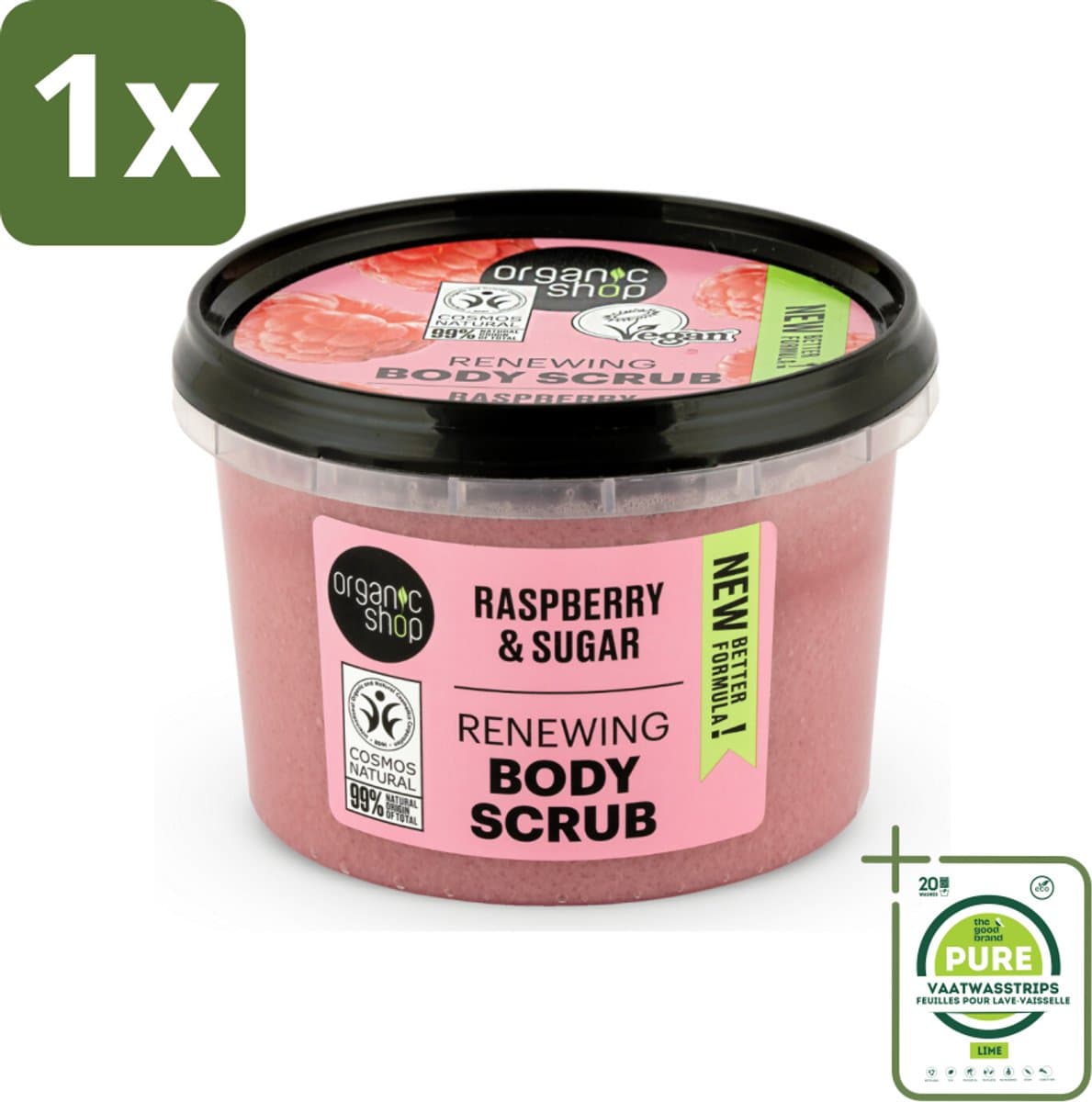 1 x Organic Shop - Organic Raspberry & Sugar Body Scrub - Verfrissend en Peeling - 250 ml - Organische Scrub - Frambozen Scrub - Lichaamspeeling - Natuurlijke Peeling - Gezichtspeeling